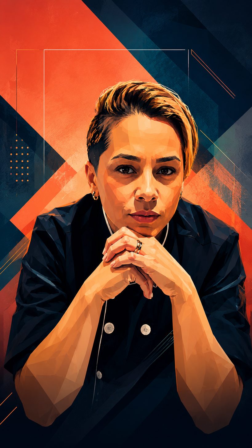 Retrato ilustrado de Hellen Miranda em tons terracota e preto
